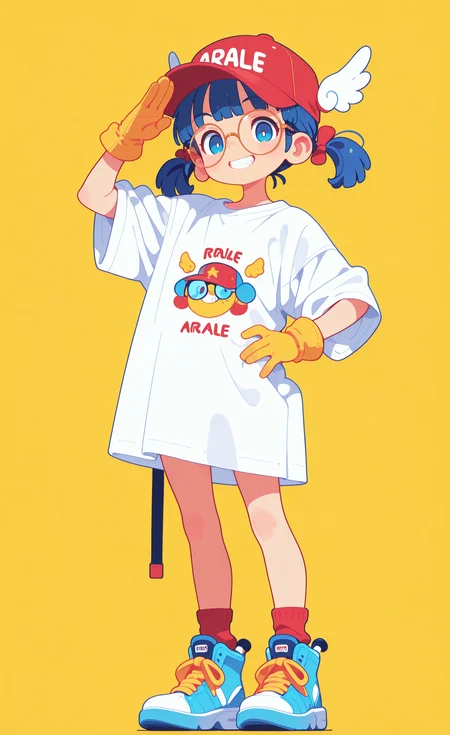 masterpiece,best quality,amazing quality, 
 Arale,
1girl, solo, looking at viewer, smile, short hair, blue eyes, simple background, shirt, gloves, hat, twintails, standing, blue hair, white shirt, full body, short sleeves, shoes, socks, glasses, grin, arm up, hand on own hip, sneakers, t-shirt, short twintails, yellow background, red headwear, baseball cap, clothes writing, round eyewear, blue footwear, salute, print shirt, oversized clothes, yellow gloves, winged hat, red socks, oversized shirt, haiz_ai, in the style of cknc,
Flatline, Flat vector illustration <lora:ponyv6_noobE11_2_adamW-000017:0.3> <lora:checkpoint-e18_s306:1.5> <lora:ck-nc-cyberpunk-IL-000011:0.6> <lora:haiz_ai_illu:0.7>