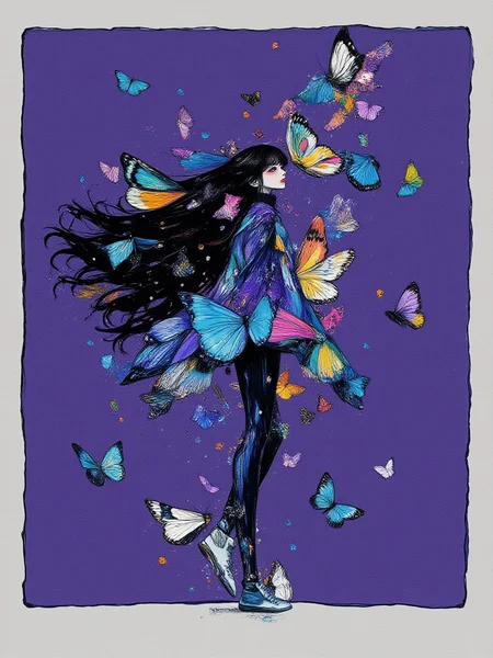 An illustrated image of a woman walking on an ancient cobblestone street, with holographic butterflies fluttering around her.  background is wisteria violet <lora:Midjourney_Whisper_BrushPulse_v01:0.7>, border is charcoal grey <lora:inkedgemono-simple_epoch-08:0.9> 1NK3D63SIM <lora:Midjourney_Whisper_Minimal:0.9>
| no deformed hands, no too many limbs, no too many fingers,