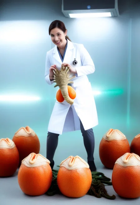 fchgr, blood orange style, xenoegg, view of a group of hatched xenoeggs, xenoeggs made of orange peel, horror theme, green light, space station interior, foggy ground, beautifully lit,
Female Doctor in lab coat with facehugger jumping at her, facehugger, alien facehugger