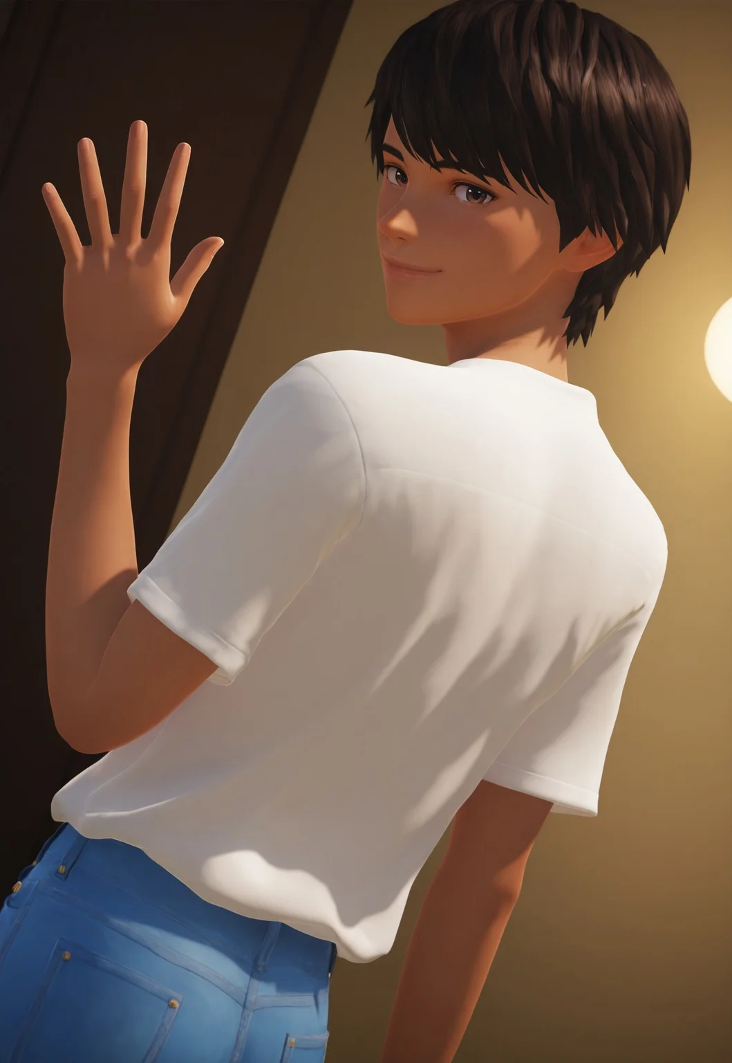 score_9, score_8_up, score_7_up, Masterpiece, Best Quality, beautiful eyes, detailed eyes, male focus, dynamic angle, dim lighting, male focus, solo, back, back view, looking back at viewer, happy smile, cowboy shot, standing, waving,
((male)), white shirt, blue jeans,
Daniel D1az, short hair, dark brown hair, brown eyes, dark skin, 3d, cgi