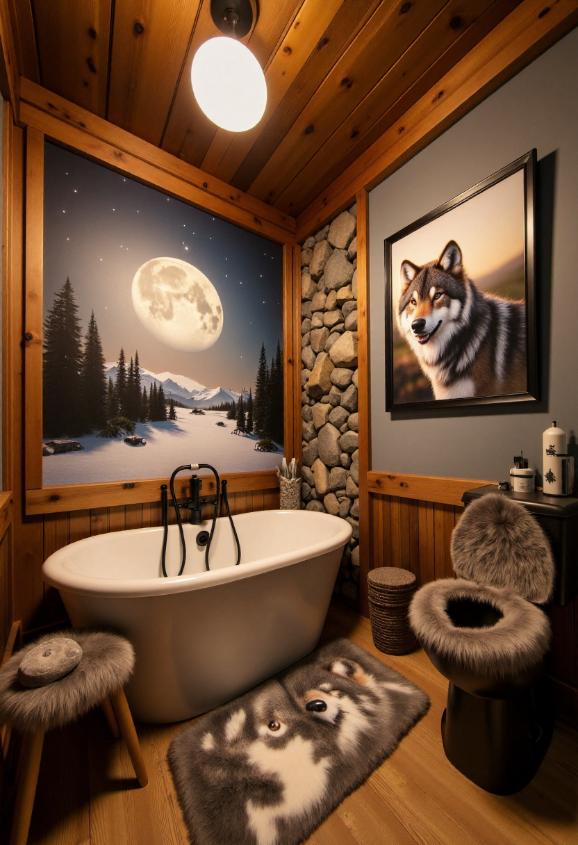 <lora:Custom_Bathroom_Crafter_FLUX-000013:0.8>
This is a photograph of a rustic, wolf themed bathroom, with furry details, wolf shaped bathtub, and wolf toilet.