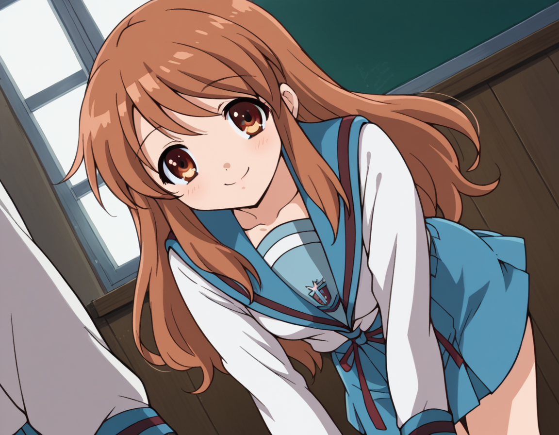 score_9, score_8_up, score_7_up, source_anime,
mikuruasahina,  <lora:mikuru-asahina-s1-ponyxl-lora-nochekaiser:1>,
mikuru asahina, long hair, brown hair, brown eyes,
skirt, long sleeves, school uniform, serafuku, sailor collar, blue skirt, blue sailor collar, winter uniform, kita high school uniform,
indoors, classroom, bent over, smile,
looking at viewer, dutch angle, cowboy shot, solo,