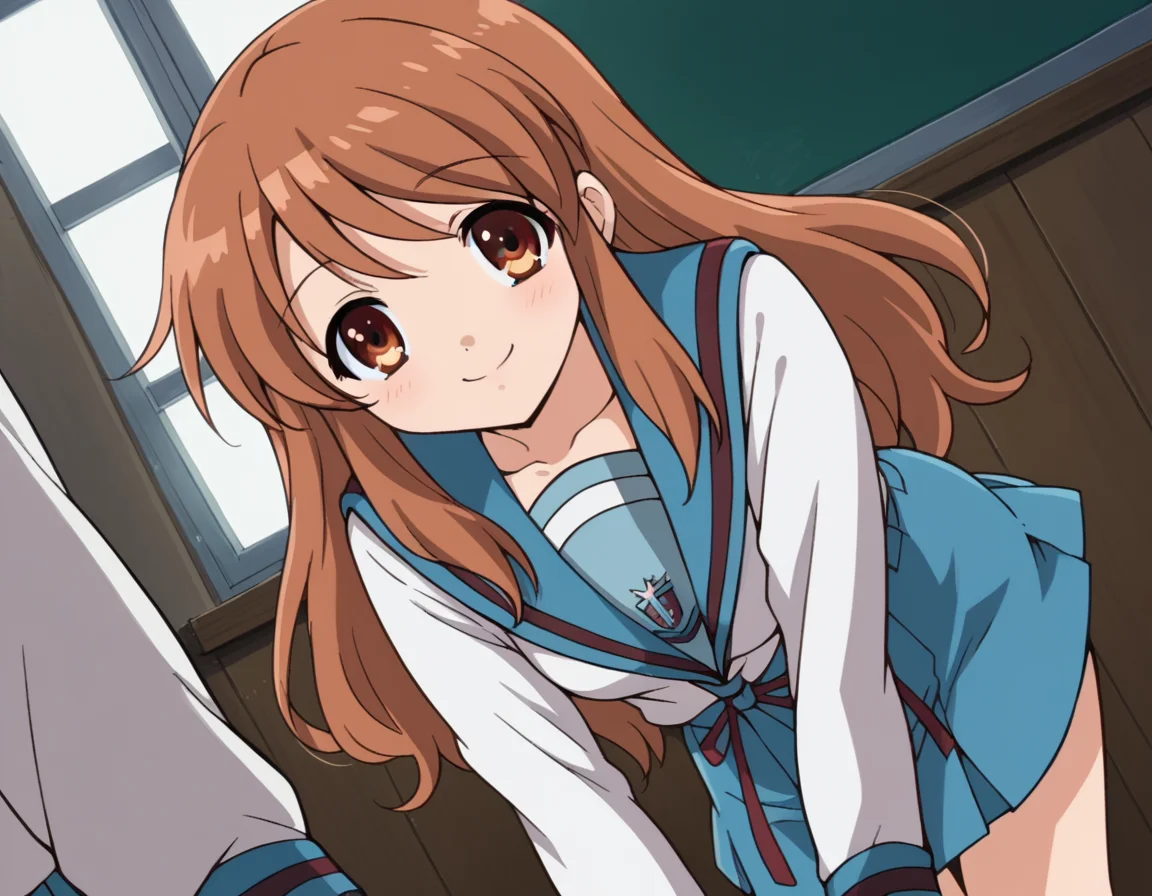 score_9, score_8_up, score_7_up, source_anime,
mikuruasahina, <lora:mikuru-asahina-s1-ponyxl-lora-nochekaiser:1>,
mikuru asahina, long hair, brown hair, brown eyes,
skirt, long sleeves, school uniform, serafuku, sailor collar, blue skirt, blue sailor collar, winter uniform, kita high school uniform,
indoors, classroom, bent over, smile,
looking at viewer, dutch angle, cowboy shot, solo,