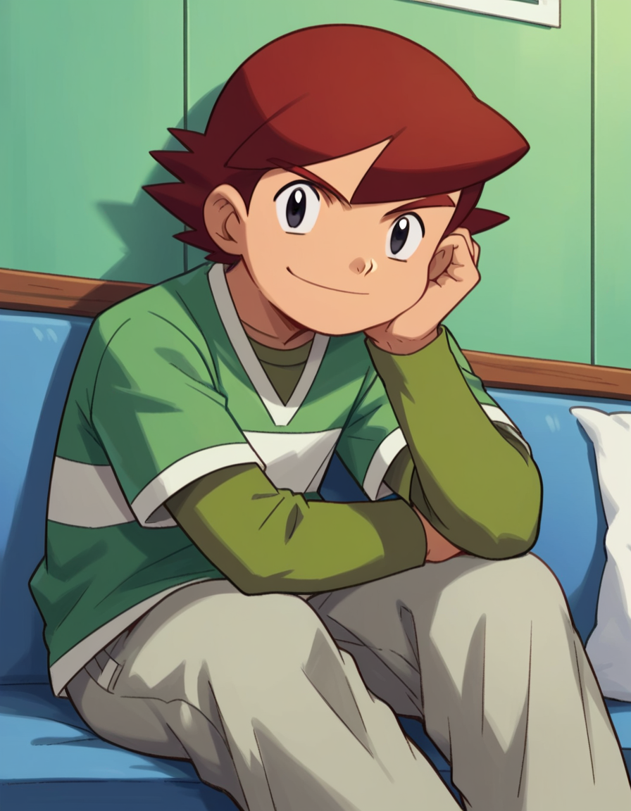 score_9, score_8_up, score_7_up, source_anime,
<lora:pokemon-kenny-anime-ponyxl-lora-nochekaiser:1>, kenny, short hair, bangs, red hair, male focus, black eyes, 
shirt, long sleeves, short sleeves, pants, green shirt, grey pants,
indoors, sitting, head rest, smile,
looking at viewer, cowboy shot, dutch angle, solo,