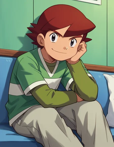 score_9, score_8_up, score_7_up, source_anime,
<lora:pokemon-kenny-anime-ponyxl-lora-nochekaiser:1>, kenny, short hair, bangs, red hair, male focus, black eyes,
shirt, long sleeves, short sleeves, pants, green shirt, grey pants,
indoors, sitting, head rest, smile,
looking at viewer, cowboy shot, dutch angle, solo,