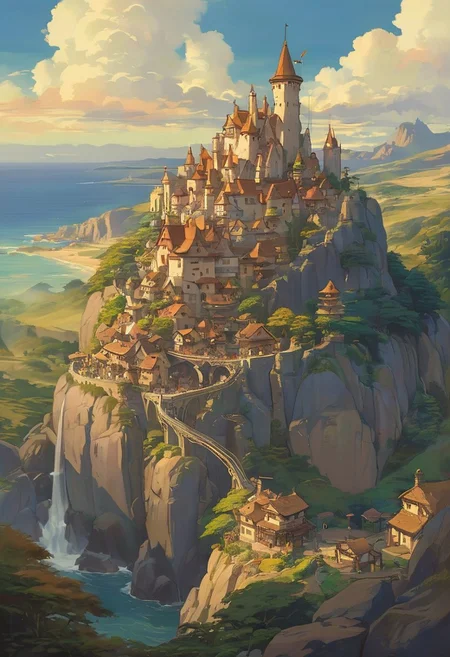 (studio ghibli drawing), (studio ghibli painting),best quality, masterpiece, extremely detailed, professional art, professional painting, an extremely delicate and beautiful, dynamic, great lighting, perfect shading, professional shading, depth of field, side soft light, elegant, gorgeous, highly detailed, full shot, uncropped, pure genious, absolutely perfect, highly detailed, breathtaking, a giant and sheer cliff face with a town built into it, lots of different dwellings, fantasy, sunset