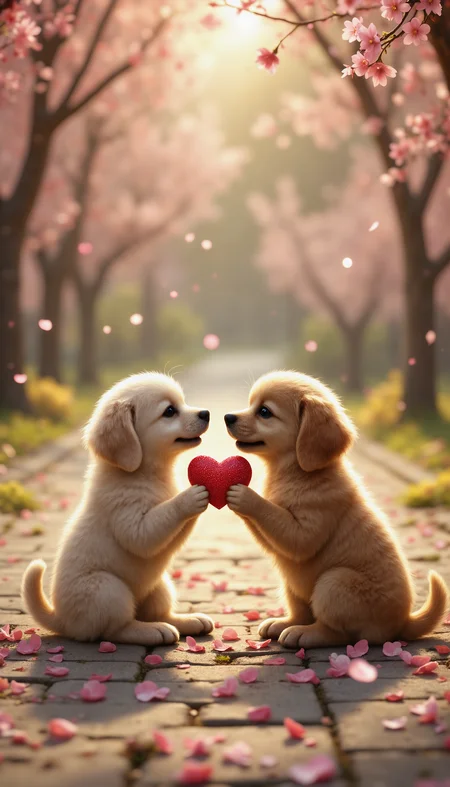 A pair of fluffy golden retriever puppies exchanging tiny heart-shaped treats, their tails wagging in excitement. The scene is set in a warm, sunlit park with pink cherry blossom petals drifting through the air.