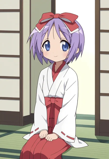 score_9, score_8_up, score_7_up, score_6_up, score_5_up, score_4_up , anime coloring ,BREAK source_anime, anime,screencap,
1girl, solo, lstsukasa, japanese clothes, miko, red hakama skirt, white kimono top, red hair ribbon <lora:PonyXL LS Tsukasa V2:1>
indoors, sitting,
smile, looking at viewer,