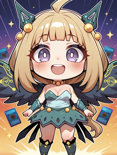 hugin the runick wings, 1girl, solo, smile, :d, open mouth, teeth, standing, green strapless dress, looking at viewer, blush, full body, small breasts, yellow necklace, chibi, green knee boots, cleavage, medium breasts, minigirl, green hair ornament, yugioh card, green vambraces,yu-gi-oh!,
masterpiece,best quality,amazing quality,very aesthetic,absurdres,newest,<lora:Hugin the runick wings illuXL v1:0.75>,