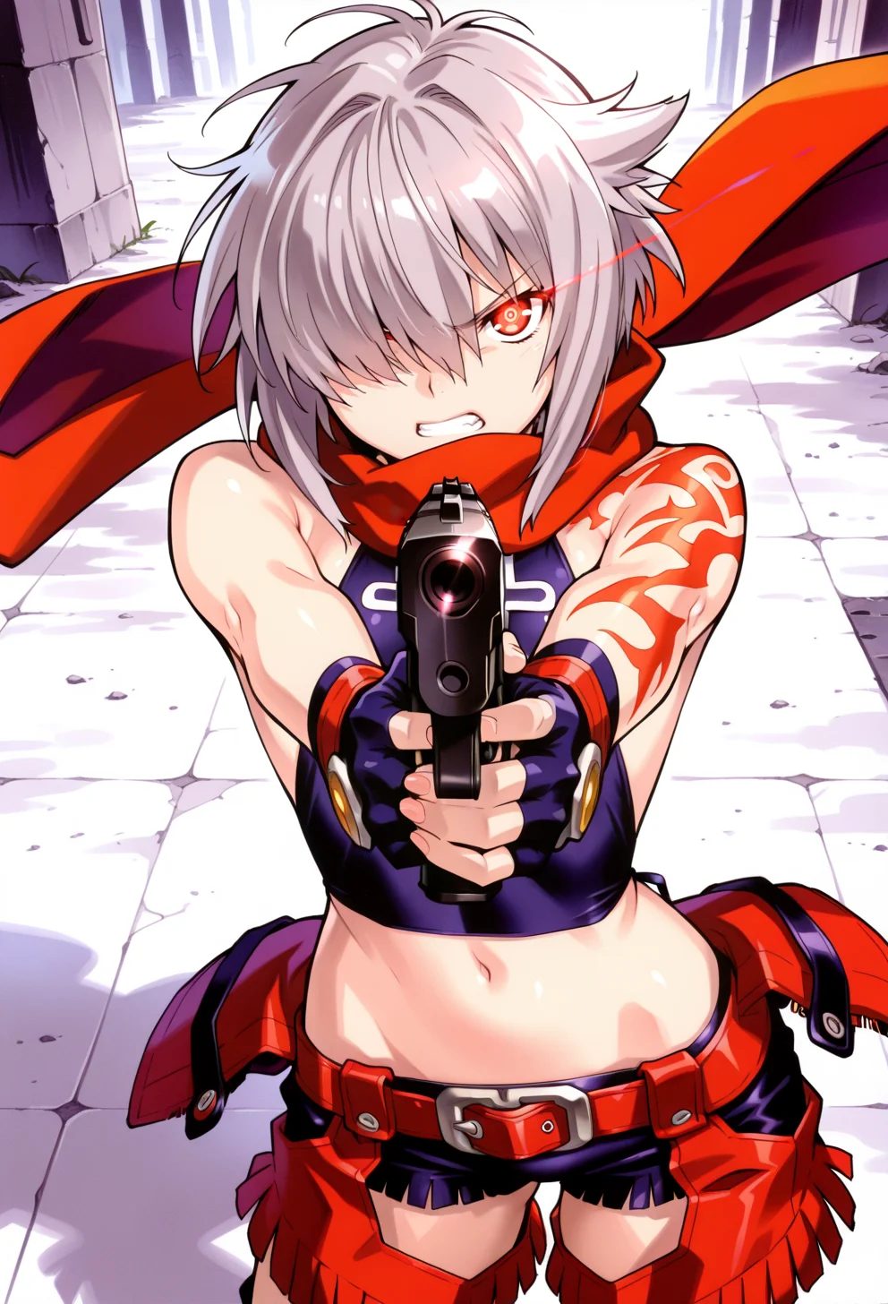 masterpiece, best quality, high quality, anime, solo,
<lora:AEJOIlx:1>
AEJO, grey hair, red eyes, messy hair, short hair, arm tattoo, red scarf, backless outfit, crop top, midriff, navel, fingerless gloves, belt, chaps, fringe trim, panties, shorts, portrait, one eye covered, angry, glowing eye, aiming at viewer, holding gun, foreshortening, hair over one eye,