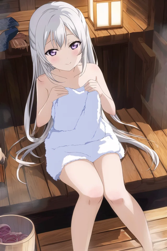 masterpiece, best quality, masterpiece, a cute girl lying in a hot sauna wearing a towel , (1girl), <lora:LLCharV2-8:1>, (LLChar), white hair, long hair, purple eyes, sauna, towel, sitting