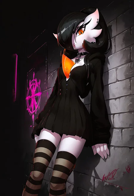 (((gardevoir))), female, black hair, ponytail, pale skin, (score_9, score_8_up, score_7_up), 1girl, 20 year old, long black hair, hime cut, perky breasts, cleavage, pretty face, looking at viewer, brown eyes, light freckles, oversized hoodie, black skirt, striped thigh-high socks, gothic boots, leaning on wall, detailed background, hidden area, volumetric lighting, vivid colours, g0thicPXL, glowing, neon, portrait shot, face focus,