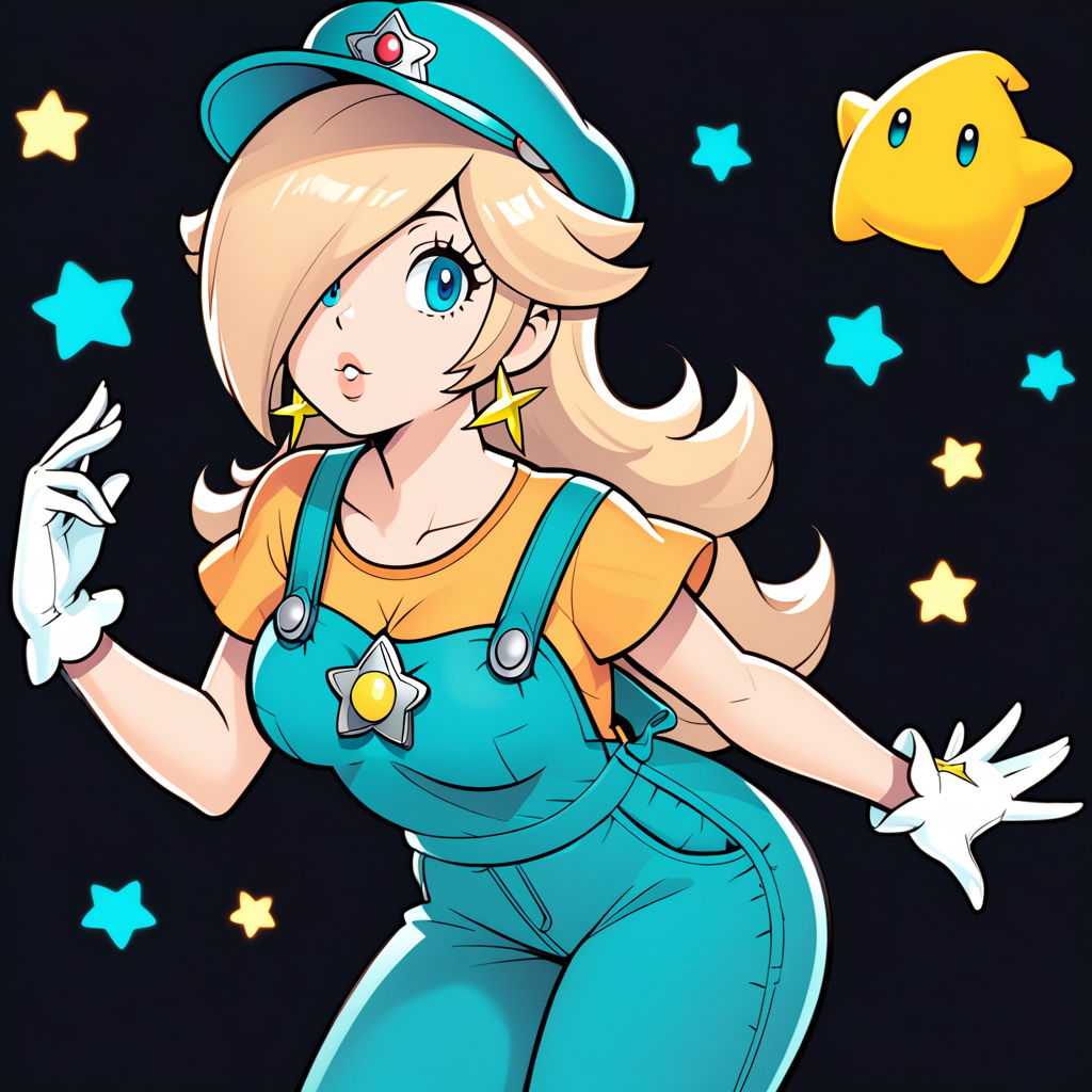 score_9, score_8_up, score_7_up, princess rosalina, solo, breasts, (blue:1.2) (r:1.3) (cap, blue overalls:1.2), rating safe, white gloves, official Nintendo artwork, black background, simple background