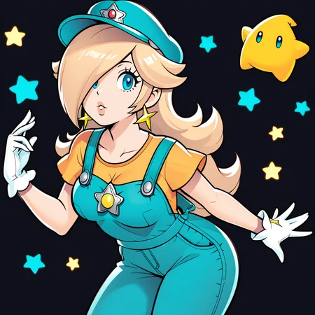 score_9, score_8_up, score_7_up, princess rosalina, solo, breasts, (blue:1.2) (r:1.3) (cap, blue overalls:1.2), rating safe, white gloves, official Nintendo artwork, black background, simple background