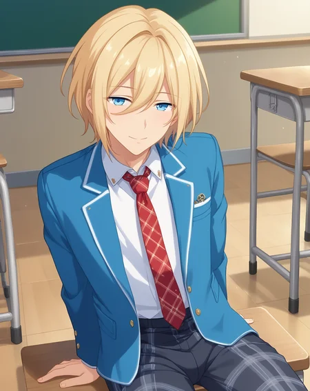 score_9, score_8_up, score_7_up, source_anime, anime screencap, depth of field, rating_safe, BREAK,
1boy, solo, yaoi, male focus, looking at viewer, cowboy shot, facing viewer,
<lora:tenshouin_eichi_pony:1> tenshouin_eichi_pony, blonde hair, blue eyes, medium hair, hair between eyes, bangs,
yumenosaki school uniform, blue jacket, white shirt, collared shirt, red necktie, black pants, plaid pants,
indoors, school, classroom, desk, sitting, arms at sides,
<lora:age_slider_v4:1.75>