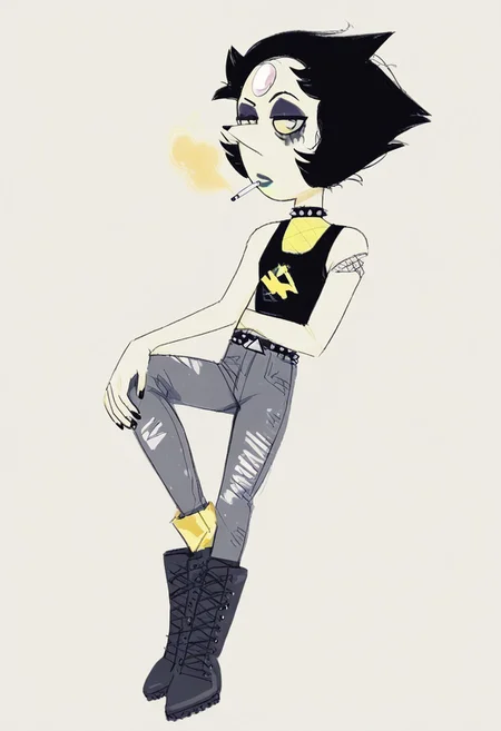 dsk_death, 1girl, solo, pearl, black hair, choker, nail polish, black tank top, yellow star shirt, cargo pants, midriff, lipstick, makeup, belt, spiked hair, black boots, makeup,  BREAK zPDXL2, smoking, gothboots, boots with straps, knee high boots, ripped jeans, 