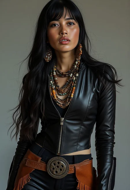 midjourney_whisper_avant_couture, lyda, Cambodian woman, long hair, bangs, avant-garde leather armor, tribal necklaces and earrings, cowboy shot, photography