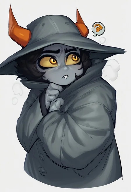 score_9, score_8_up, score_7_up, score_6_up, score_5_up, score_4_up, best quality, solo, 1girl, white background, hair, shortstack, (question mark symbol on coat), 1girl, ((colored skin, grey skin)), orange horns, short hair, black hair, yellow eyes, grey trenchcoat, (grey jacket), pointy buck tooth, excessive wide brim hat, grey hat, looking away, hand on chin, little hands, thinking