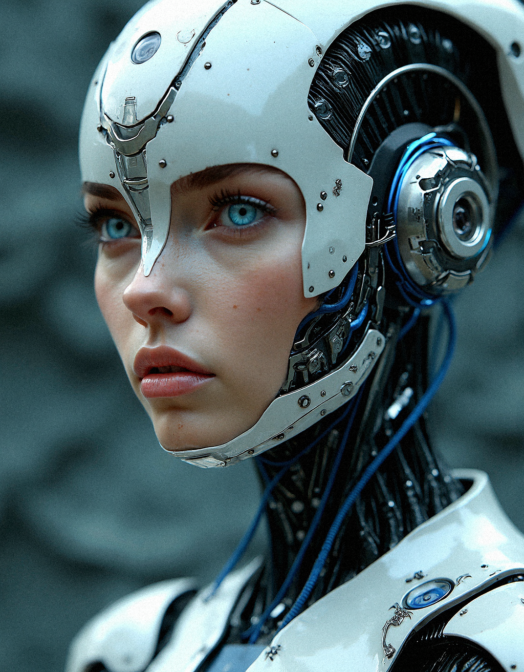 Imagine a hyper-detailed portrait of a female android with meticulously crafted cybernetic features, integrating advanced materials that exhibit both strength and flexibility. Her face is a blend of human softness and mechanical precision, with metallic components and intricate wiring interwoven into her skin. Her eyes, shaded with a deep blue, glow with a subtle but intense light, reflecting intelligence and a sense of purpose. Her head and neck are adorned with silver and blue metal plating that is sleek, polished, and connected by thin, woven wires. Along her jawline and forehead, micro-wires are elegantly arranged, hinting at both functionality and beauty. The background showcases a highly textured, carbon-fiber-like material with wave-like patterns, symbolizing the advanced technology that is part of her being. These textures seem to merge with her armor, suggesting a seamless fusion of body and material. The lighting emphasizes the curvature of her metallic parts, casting gentle shadows that bring depth to her features. This image represents a futuristic concept where artificial beings embody both strength and grace, transcending the traditional boundaries of human and machine.
