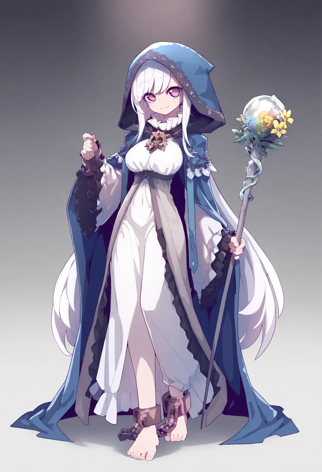 1girl,
solo, barefoot, purple eyes, white hair, holding, full body, flower, looking at viewer, standing, long sleeves, dress, long hair, cuffs, cloak, shackles, closed mouth, frills, yellow flower, breasts, smile, hood, chain, hooded cloak, simple background, wide sleeves, staff, multicolored eyes, white background, very long hair, medium breast, pink eyes, holding staff, white dress, frilled sleeves, blue cloak, hood up,
.
masterpiece, best quality, very aesthetic, absurdres
<lora:仿²¢forNoob:0.95>