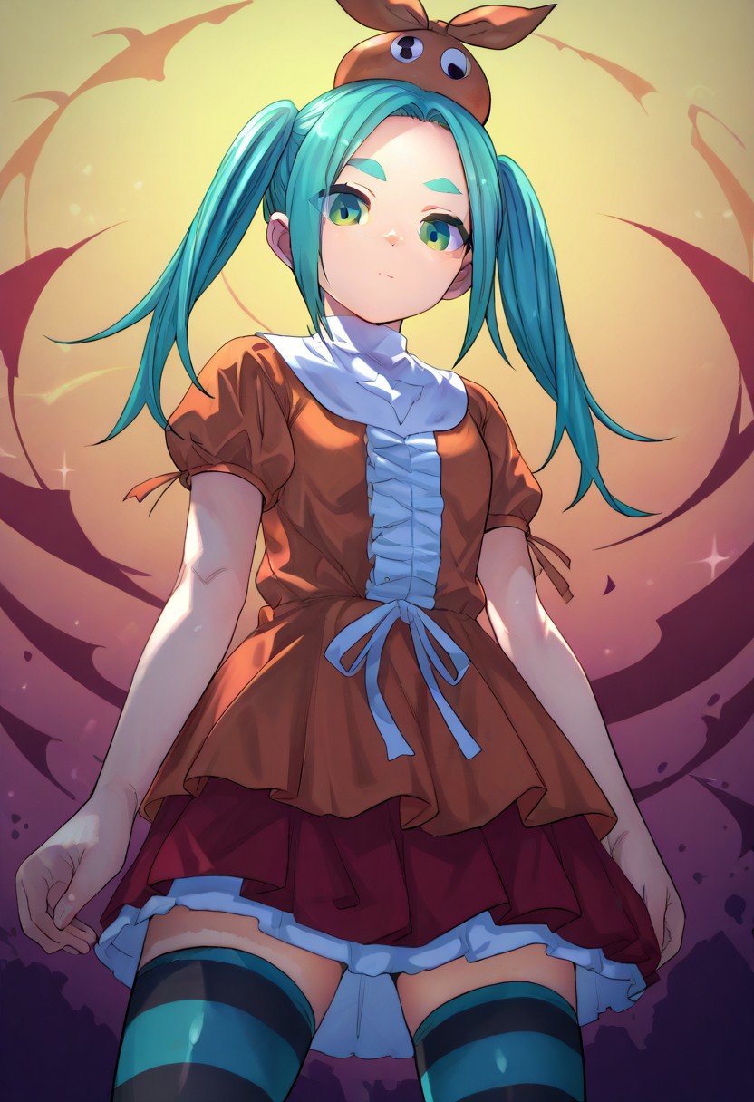 (zPDXL3), 
(zPDXLxxx), 
1girl, 
solo,
ononoki yotsugi, highres, twintails, aqua hair, green eyes, thick eyebrows, orange headwear, orange dress, striped thighhighs, expressionless, 
medium shot, 
from below,