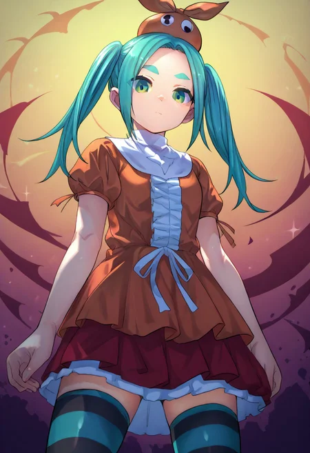 (zPDXL3),
(zPDXLxxx),
1girl,
solo,
ononoki yotsugi, highres, twintails, aqua hair, green eyes, thick eyebrows, orange headwear, orange dress, striped thighhighs, expressionless,
medium shot,
from below,