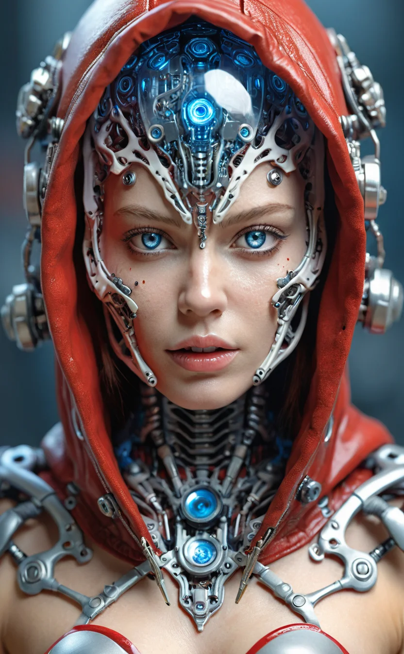 1girl,EA post apocalyptic photo of a red hooded,alien and blue eyes features an angry alien,female creature,biomechanical android with translucent lingerie armor,scientific illustration with skeleton ornaments,white backgorund,alabaster skin,perfect face,hyper detailed,soul,skull and large teeth,hyper realistic robotic android mechanic,neo traditionalism,precision art,edgy,tattoo circuitry,dense atmospheric background. made by Mandy Jurgens and Mary Jurgens and Thomas Kinkade,Ambient occlusion,Cycles Render,Dim lighting,Arnold render,8k,octane render,Artstation Artstation HQ,unreal,Miki Asai Macro photography,close-up,hyper detailed,trending on artstation,sharp focus,studio photo,intricate details,highly detailed,by greg rutkowski,Miki Asai Macro photography,close-up,hyper detailed,trending on artstation,sharp focus,studio photo,intricate details,highly detailed,by greg rutkowski,
