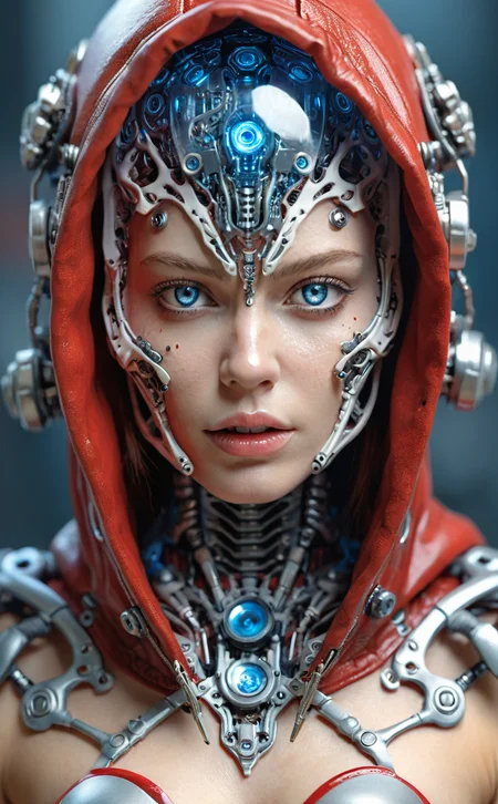 1girl,EA post apocalyptic photo of a red hooded,alien and blue eyes features an angry alien,female creature,biomechanical android with translucent lingerie armor,scientific illustration with skeleton ornaments,white backgorund,alabaster skin,perfect face,hyper detailed,soul,skull and large teeth,hyper realistic robotic android mechanic,neo traditionalism,precision art,edgy,tattoo circuitry,dense atmospheric background. made by Mandy Jurgens and Mary Jurgens and Thomas Kinkade,Ambient occlusion,Cycles Render,Dim lighting,Arnold render,8k,octane render,Artstation Artstation HQ,unreal,Miki Asai Macro photography,close-up,hyper detailed,trending on artstation,sharp focus,studio photo,intricate details,highly detailed,by greg rutkowski,Miki Asai Macro photography,close-up,hyper detailed,trending on artstation,sharp focus,studio photo,intricate details,highly detailed,by greg rutkowski,