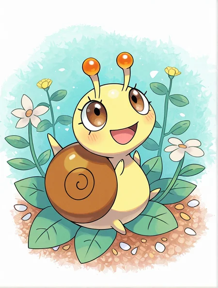 a snail is sitting on top of some leafs, solo, blush, smile, open mouth, brown eyes, sitting, full body, pokemon \(creature\), no humans, leaf, flowers, looking up, animal focus