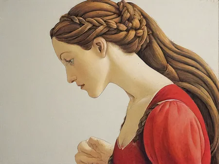Botticelli style, 1girl,solo,long hair,brown hair,dress,upper body,braid,from side,profile,traditional media, red dress<lora:botticelli-SDXL:0.5>