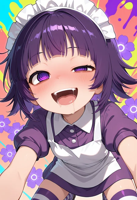 1girl,solo,
yakui,
purple hair,short hair,purple eyes,
maid,maid headdress,white apron,purple dress,short dress,puffy short sleeves,striped clothes, striped thighhighs,collared dress,
smile,open mouth,@_@, crazy eyes, ringed eyes, uneven eyes, half-closed eye,  saliva, blush, drunk, ( bags under eyes:0.5 ), upturned eyes, happy,
paint splatter,paint splatter, poison, multicolored background, floral background, 
masterpiece,best quality,amazing quality,very aesthetic,absurdres,newest,
<lora:reduce_wrinkles_illstriouosv0.1_ADDifT_2_in_1_v1.2:0.8>,
<lora:99coins_nijiura_maid_IL_v7_15:1>