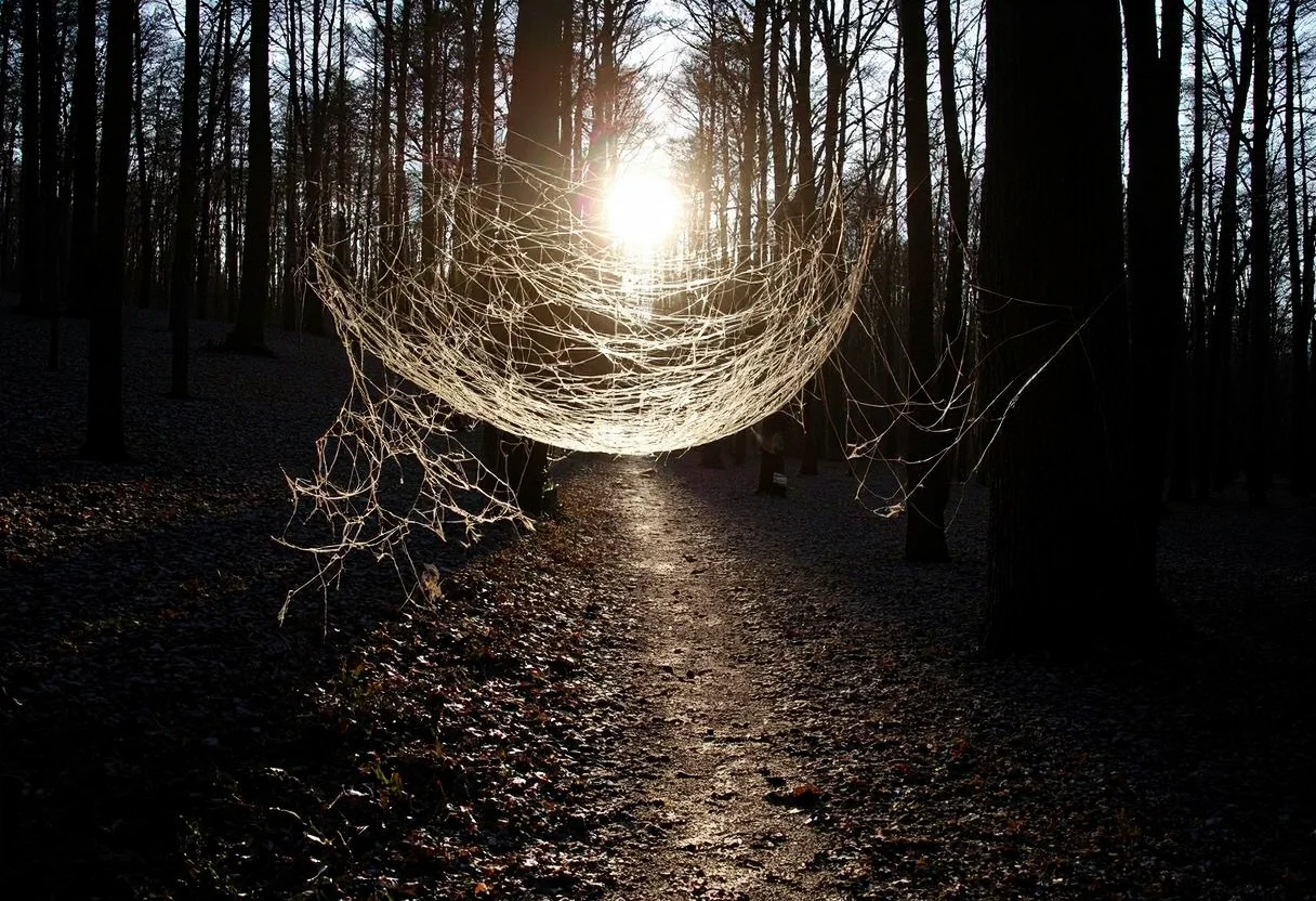 narrow forest trail between tall trees hanging across the trail is a large spiderwebs, the dew has frozen in the webs
the sun is shining down the trail through the icy spiderwebs, eerie atmoshpere, low lighting, amateurish photo