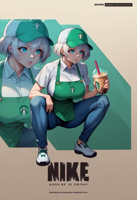 score_9, score_8_up,score_7_up, source_anime, 1girl, solo, <lora:EPggElphelt:1>, EPggElphelt, 1girl, aqua eyes, white hair, short hair, hair between eyes, large breasts, white shirt, collared shirt, jeans, skin tight, green apron, baseball cap, green black headwear, barrista, starbucks, <lora:NikkeProfileV2_XLPD:1>, full body, zoom layer, on one knee, holding bubble tea,