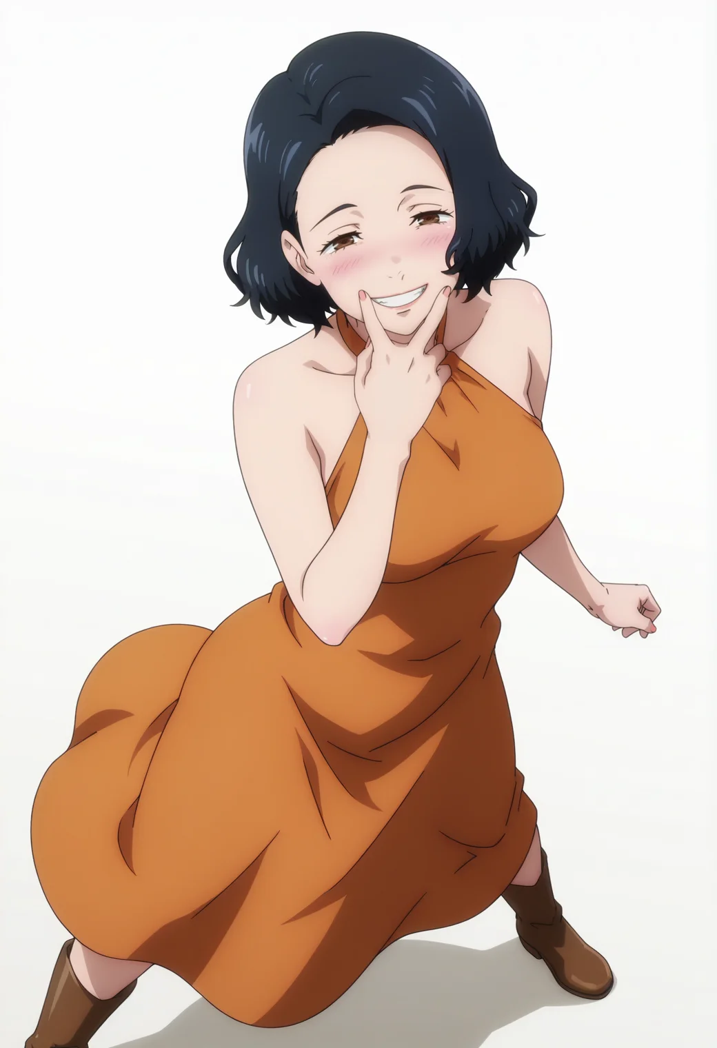 masterpiece, best quality, amazing quality, anime coloring, anime screencap, 1girl, solo, <lora:DX888Nagi:1>, yoshino nagi,black hair, bob cut, mature female, brown eyes, half-closed eyes, evil grin, blush, , BREAK , orange dress, halter dress, long dress boots , dynamic pose, cunnilingus gesture, from above, white background gradient background,