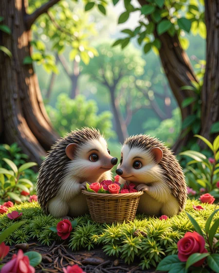 Two hedgehogs sharing a tiny woven basket filled with miniature red roses nestled among soft moss and leaves in a verdant forest underbrush. Their quills are slightly relaxed as they nuzzle each other affectionately. The background has an ethereal mistiness, providing a magical aura to the woodland scene.
