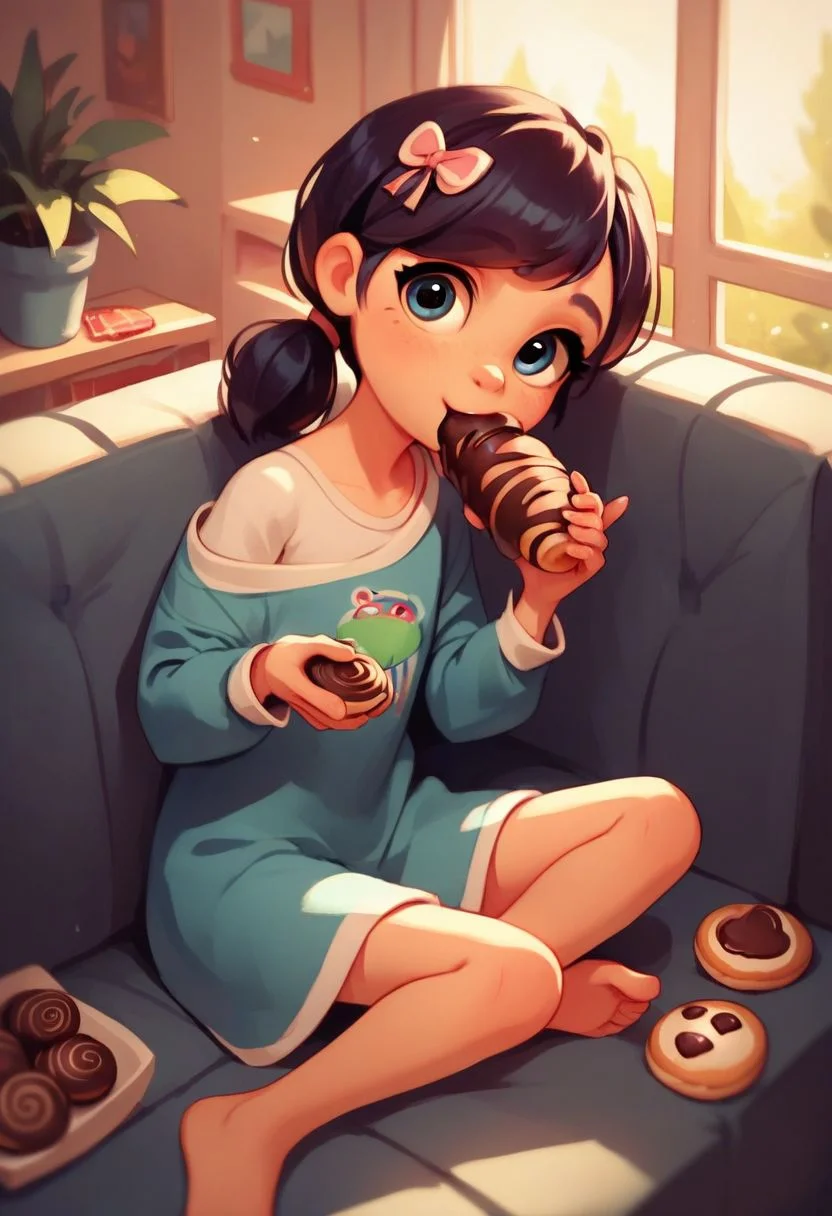 score_9, score_8_up, score_7_up, score_6_up, score_5_up, score_4_up, break, source_cartoon, marinette, inloved, cute doodle, young, cute, petite, look the viewer, pajama, breakfast, eating, chocolate croissant, living room, sofa, sitting
