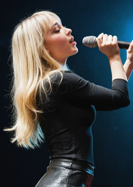 sabrinaXL, realistic textures, blonde hair, high quality image, on stage, concert <lora:sabrinaXL:1>