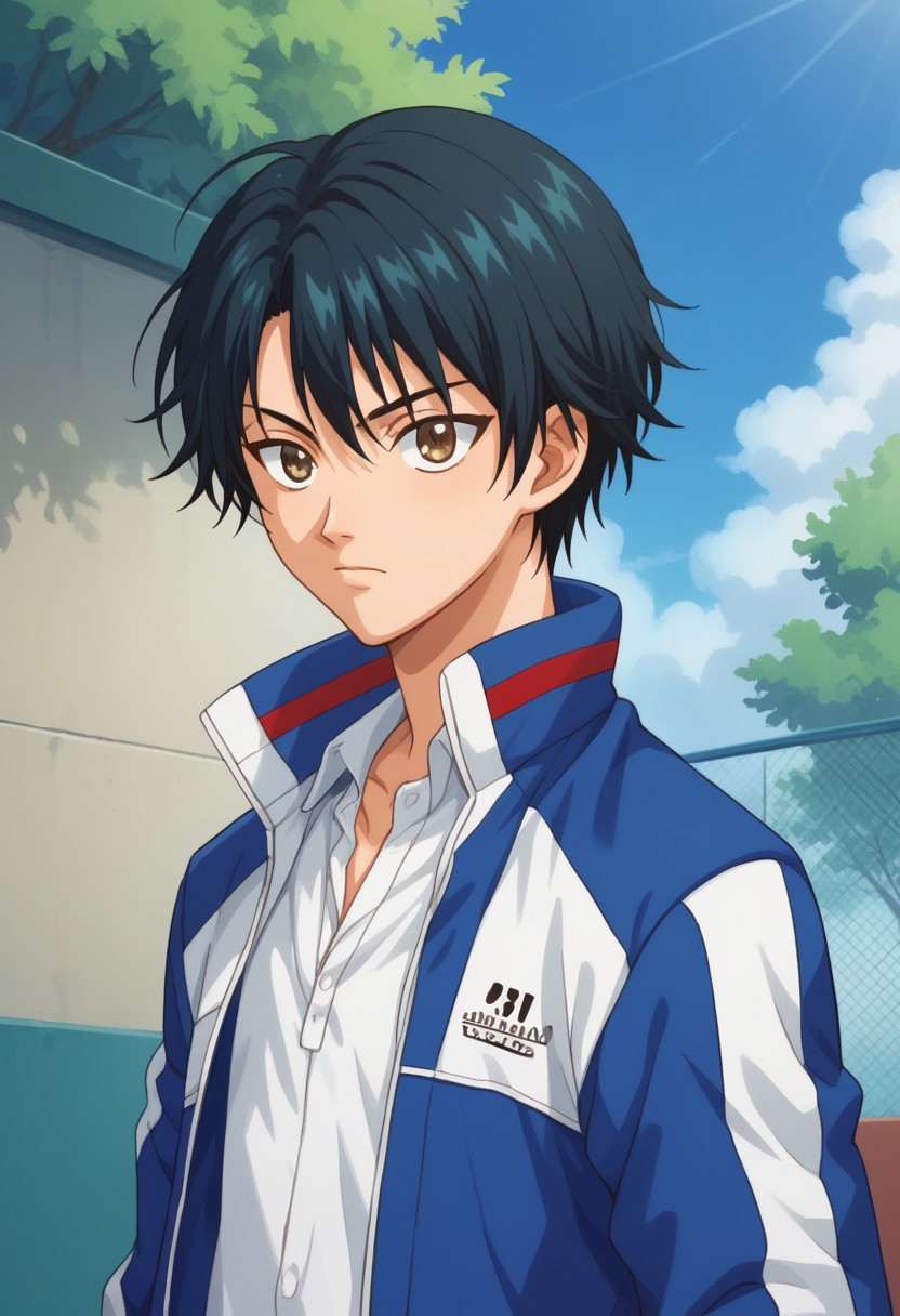 score_9, score_8_up, score_7_up, source_anime, highly detailed, 
echizen, 1boy, male focus, solo, black hair, short hair, brown eyes, sportwear, tennis uniform, shirt, white whirt, jacket, track jacket, open jacket, open clothes, upper body,
outdoor, sky, tree, cloud
