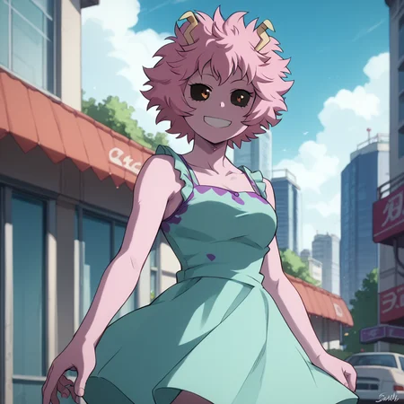 <lora:SlimesMinaAshido:1>, score_9, score_8_up, score_7_up, slimes_minaashido, 1girl, waist up shot, smiling, purple and blue sundress, city background