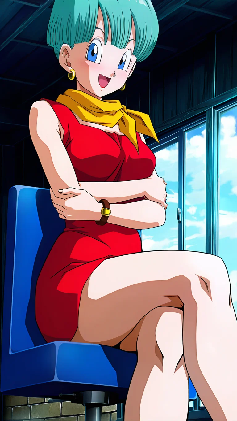 soft lighting, source_anime, masterpiece, best quality, amazing quality, anime screencap, high quality, 8k, absurdres, official style, 1girl, solo, looking at viewer, sitting in chair, armless chair, legs crossed, :d, <lora:Bulma_Late_Z_iL:0.8>, 8u1m4 Z late, blue eyes, aqua hair, buu saga red, short hair, red dress, sleeveless dress, short dress, yellow scarf, jewelry, earrings, bracelet,