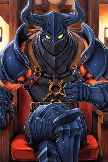 masterpiece,best quality,amazing quality,cyb88, traditional media, GOHAGO, 1boy, very muscular, bare arms, pauldrons, horned helmet, glowing eyes, yellow eyes, gorget, full armor, codpiece, gauntlets, greaves, solo, sitting, crossed legs, thumbs up, cafe background, looking at viewer