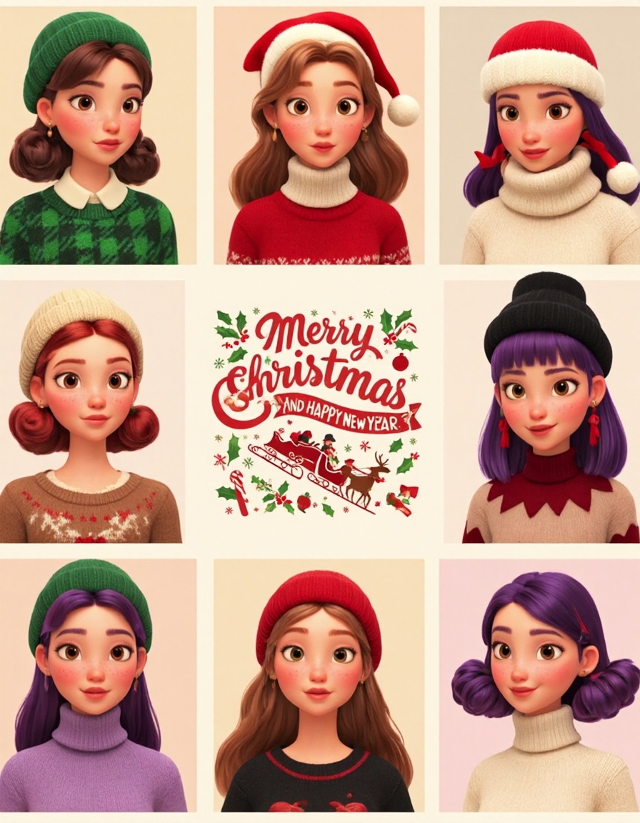 3D Pixar Style, This image is a high-quality digital collage featuring nine different illustrations of young women in festive Christmas-themed outfits arranged in a grid. Each illustration is meticulously detailed with a soft, painterly style, and the overall aesthetic is very high. The women are depicted with various hair colors, styles, and accessories, such as hats, scarves, and bows, all contributing to a cohesive holiday theme.
The top row shows three women: the first wears a green plaid hat and a green sweater, the second has a red Santa hat with a candy cane and wears a red and white sweater, and the third wears a beige knitted hat and a light purple sweater. The middle row features a central frame showcasing a vintage Christmas design with bold, retro typography reading “Merry Christmas and Happy New Year.” The design includes festive elements like holly, snowflakes, candy canes, ornaments, and a red sleigh pulled by reindeer, all rendered in a nostalgic mid-century style with warm, muted tones. The two women flanking the central design are dressed festively: the left wears a white hat with pom-poms and a white sweater, while the right has purple hair styled into playful pigtails and wears a green sweater. The bottom row includes three more women: the first has a red Santa hat and a brown sweater with reindeer antlers, the second wears a black hat with a red bow and a black sweater, and the third has a beige hat and a beige sweater.
The background of each illustration, including the central design, features a soft gradient of warm holiday tones. The lighting is soft and even, creating a whimsical, cohesive holiday atmosphere inspired by Pixar's magical and heartwarming aesthetic.