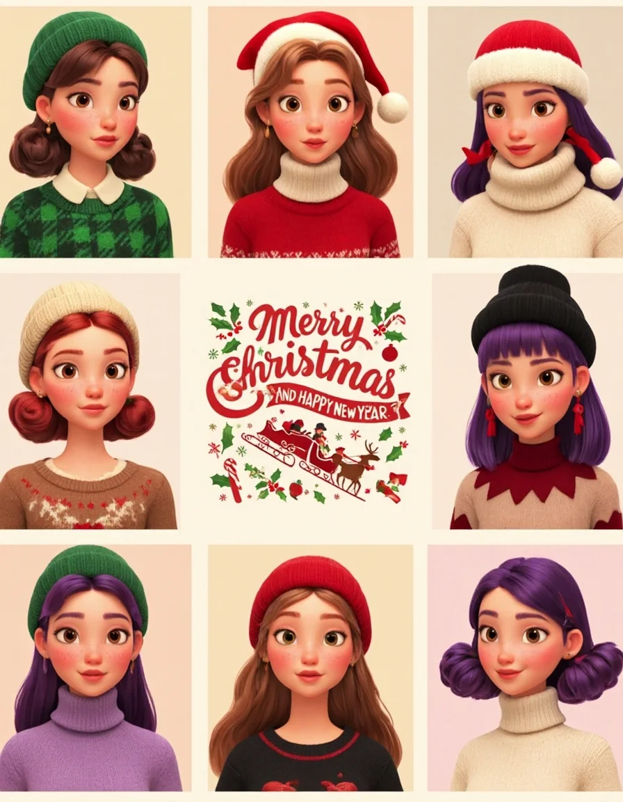 3D Pixar Style, This image is a high-quality digital collage featuring nine different illustrations of young women in festive Christmas-themed outfits arranged in a grid. Each illustration is meticulously detailed with a soft, painterly style, and the overall aesthetic is very high. The women are depicted with various hair colors, styles, and accessories, such as hats, scarves, and bows, all contributing to a cohesive holiday theme.
The top row shows three women: the first wears a green plaid hat and a green sweater, the second has a red Santa hat with a candy cane and wears a red and white sweater, and the third wears a beige knitted hat and a light purple sweater. The middle row features a central frame showcasing a vintage Christmas design with bold, retro typography reading “Merry Christmas and Happy New Year.” The design includes festive elements like holly, snowflakes, candy canes, ornaments, and a red sleigh pulled by reindeer, all rendered in a nostalgic mid-century style with warm, muted tones. The two women flanking the central design are dressed festively: the left wears a white hat with pom-poms and a white sweater, while the right has purple hair styled into playful pigtails and wears a green sweater. The bottom row includes three more women: the first has a red Santa hat and a brown sweater with reindeer antlers, the second wears a black hat with a red bow and a black sweater, and the third has a beige hat and a beige sweater.
The background of each illustration, including the central design, features a soft gradient of warm holiday tones. The lighting is soft and even, creating a whimsical, cohesive holiday atmosphere inspired by Pixar's magical and heartwarming aesthetic.