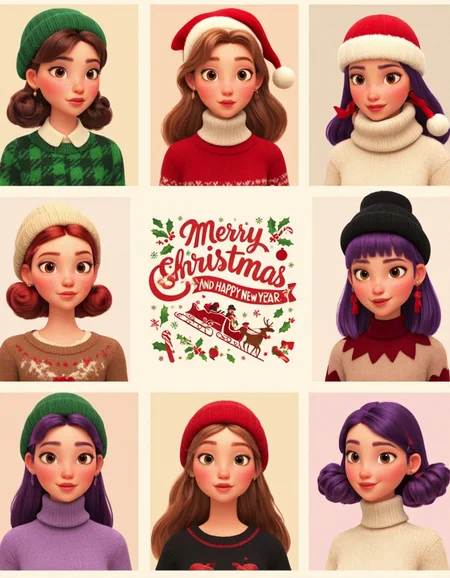 3D Pixar Style, This image is a high-quality digital collage featuring nine different illustrations of young women in festive Christmas-themed outfits arranged in a grid. Each illustration is meticulously detailed with a soft, painterly style, and the overall aesthetic is very high. The women are depicted with various hair colors, styles, and accessories, such as hats, scarves, and bows, all contributing to a cohesive holiday theme.
The top row shows three women: the first wears a green plaid hat and a green sweater, the second has a red Santa hat with a candy cane and wears a red and white sweater, and the third wears a beige knitted hat and a light purple sweater. The middle row features a central frame showcasing a vintage Christmas design with bold, retro typography reading “Merry Christmas and Happy New Year.” The design includes festive elements like holly, snowflakes, candy canes, ornaments, and a red sleigh pulled by reindeer, all rendered in a nostalgic mid-century style with warm, muted tones. The two women flanking the central design are dressed festively: the left wears a white hat with pom-poms and a white sweater, while the right has purple hair styled into playful pigtails and wears a green sweater. The bottom row includes three more women: the first has a red Santa hat and a brown sweater with reindeer antlers, the second wears a black hat with a red bow and a black sweater, and the third has a beige hat and a beige sweater.
The background of each illustration, including the central design, features a soft gradient of warm holiday tones. The lighting is soft and even, creating a whimsical, cohesive holiday atmosphere inspired by Pixar's magical and heartwarming aesthetic.