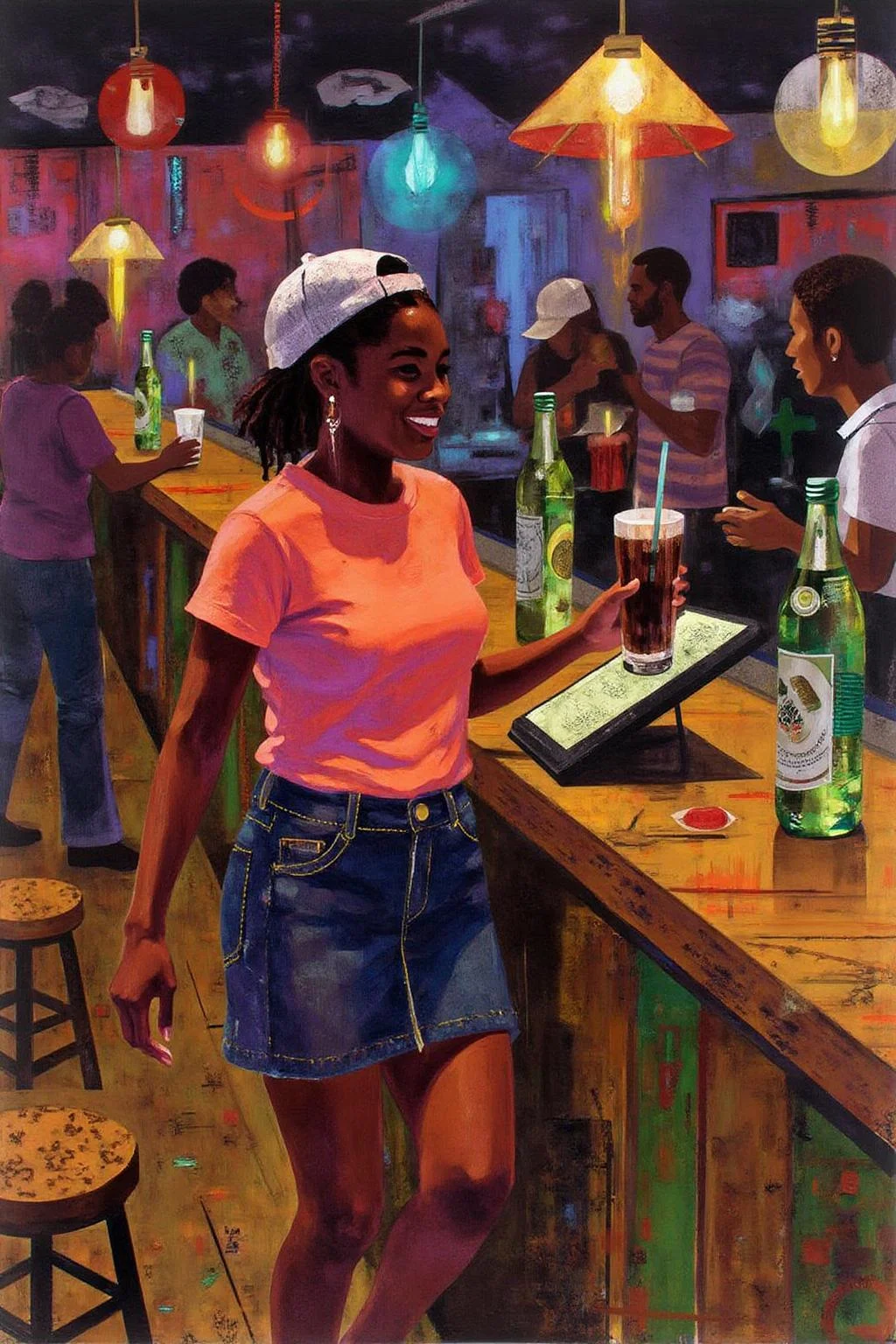 mixed media collage.
The air buzzes with the energy of a busy bar, a mix of music, conversation, and the clinking of glasses. A barmaid, the embodiment of youthful vibrancy, navigates the lively scene. She wears a peach-coloured T-shirt, the soft fabric contrasting with the smooth, cold glass of coke she carries on a small tablet. Her short skirt adds a playful touch, and a backwards baseball cap hints at a carefree attitude. The setting and atmosphere are palpable: the warm, slightly sticky surface of the bar counter under her fingertips, the dim, colourful lighting that casts playful shadows. Sensory details are abundant: the condensation forming on the glass of coke, the texture of her denim skirt, and the way the bar lights catch the highlights in her hair. Her confident stride, her quick smile, and her efficient movements. Stylistically, the image draws inspiration from the vibrant, candid shots of nightlife photographers, with a touch of the stylized realism found in contemporary illustration. There's a deliberate contrast between the barmaid's youthful energy and the slightly worn, lived-in atmosphere of the bar, creating a dynamic and engaging image. <lora:ekho_collage_nocap_d6a3e12:1.0><lora:824704261658001720:0>