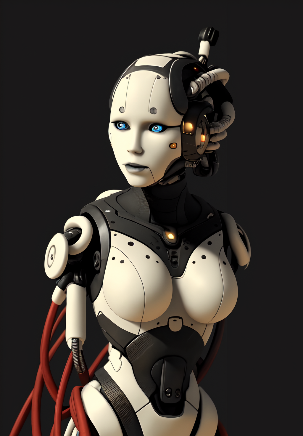 beautiful, masterpiece, best quality,perfect lighting, <lora:Adjutant:0.8>, Adjutant, 1girl, solo, simple background, no humans, black background, joints, cable, tubes, upper body,