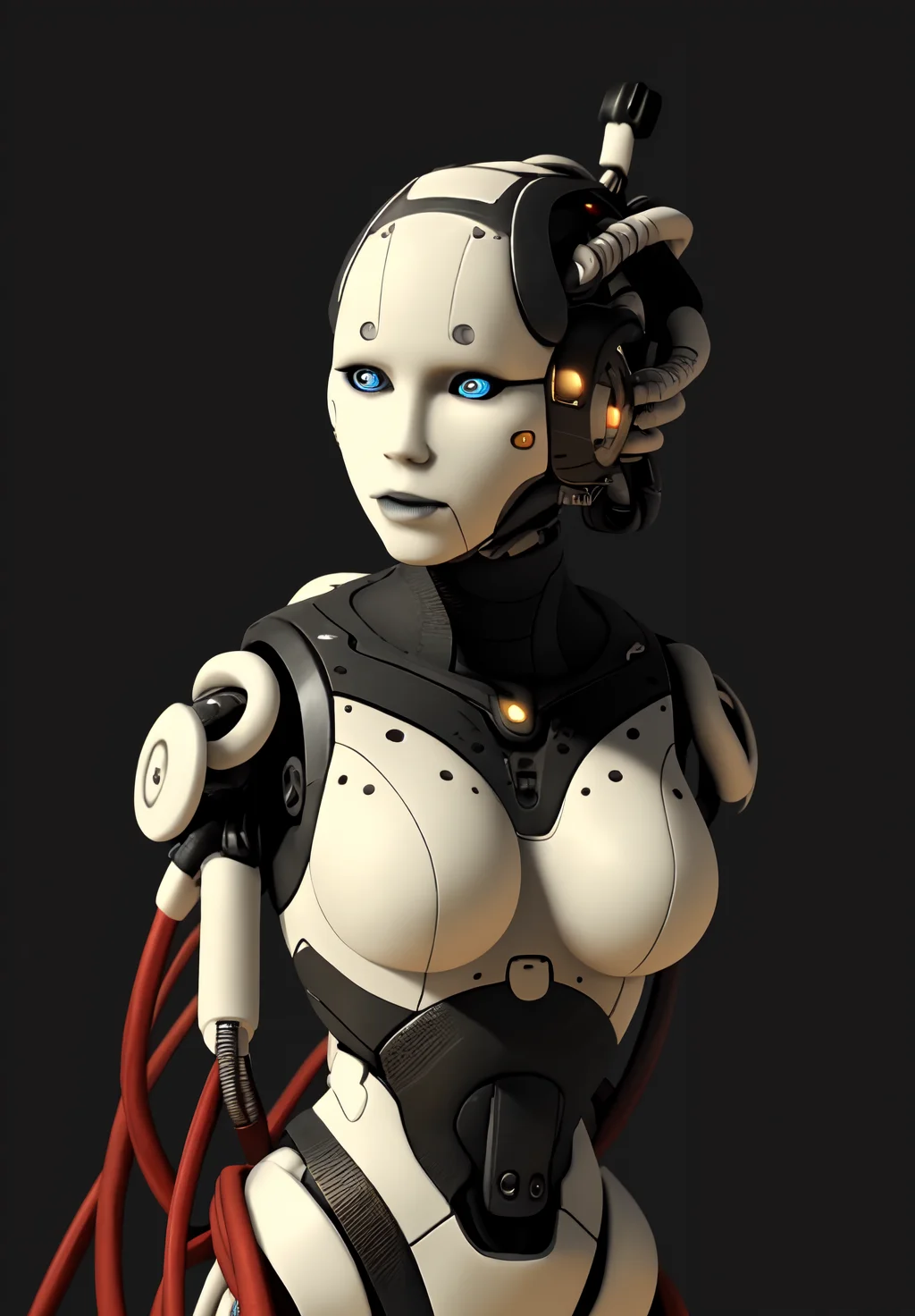 beautiful, masterpiece, best quality,perfect lighting, <lora:Adjutant:0.8>, Adjutant, 1girl, solo, simple background, no humans, black background, joints, cable, tubes, upper body,