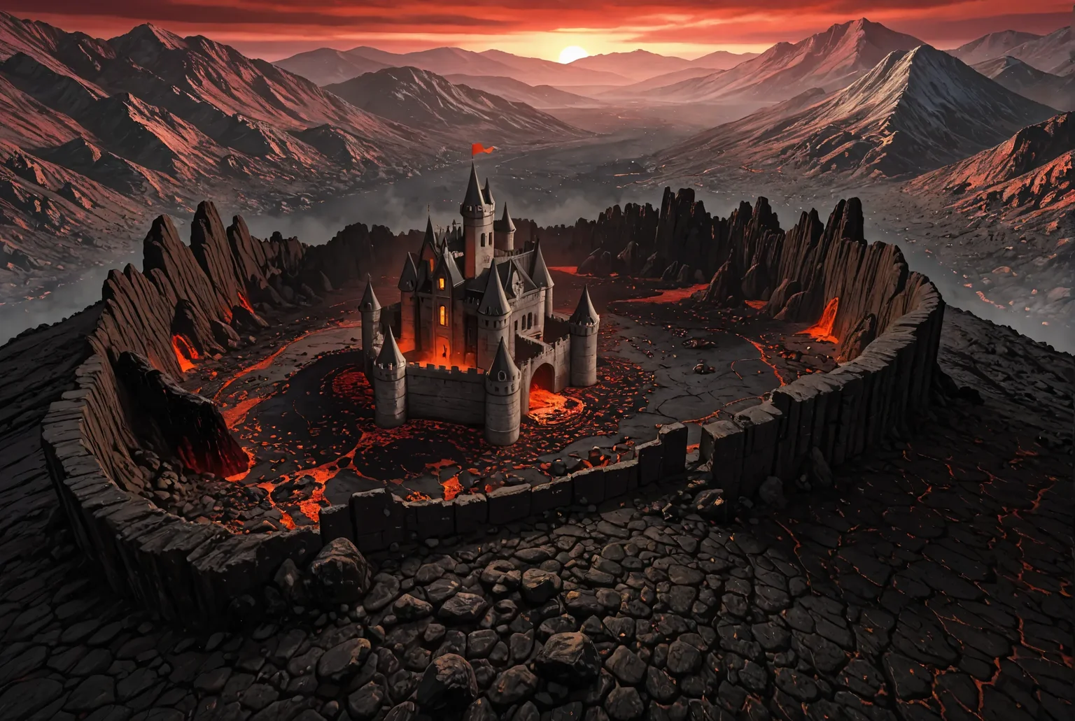 masterpiece, best quality, newest, absurdres, highres, safe, beautiful lighting, detailed, realistic, photo, photorealism, absurd res, newest, hi res, very awa, very aesthetic, sharp lighting, beautiful lighting, BREAK, heroes2, landscape, from above, volcanic terrain, dark rocky ground, lava cracks, glowing red lava, volcanic mountains, ash-covered land, red sky, ominous atmosphere, fantasy landscape, castle, black stone castle, glowing, beautiful lighting,
, <lora:HoMM_v8NoobBs975:0.8>,