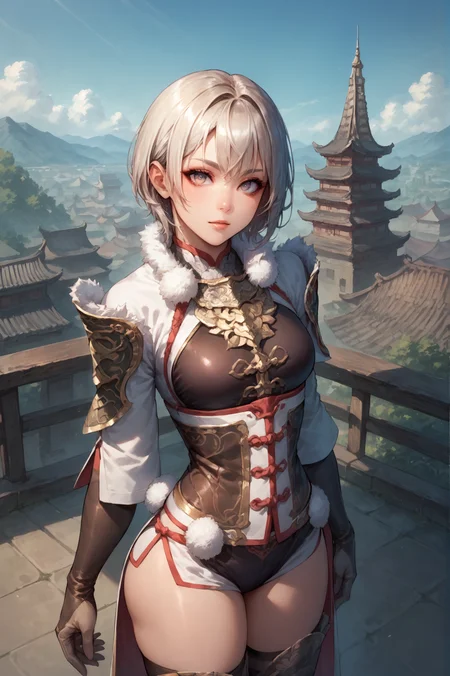 score_9, score_8_up, score_7_up, source anime, She stands with her back to a wall, looking up at the sky.,<lora:Lu_Lingqi_Dynasty_Warriors:0.7>1 girl, solo, short hair, armor, gloves, fur trim, thighhighs, looking at viewer, east asian architecture