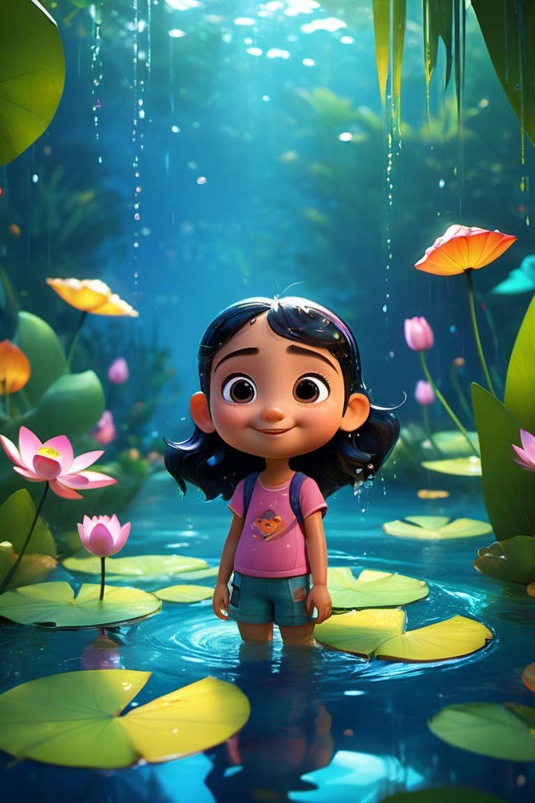 <lora:xl_more_art-full_v1:1>,cinematic film still style of Pixar,(and simple geometric forms while exuding a lighthearted and visually impactful Pixar charm),(combined with geometric forms),(and a focus on unity. The modern digital painting captures the essence of hybrid creatures),
in the style of cute and dreamy,backlight,colorful caricature,rain,summer pond,lotus leaf,lotus,((water drops)),wet clothes,((beautiful detailed water)),dynamic angle,smug,crazy_smile,naughty_face,
(((masterpiece))),(best quality),((ultra-detailed)),Photorealistic,16K,high detail,high resolution . shallow depth of field,vignette,highly detailed,high budget,bokeh,cinemascope,moody,epic,gorgeous,film grain,grainy,